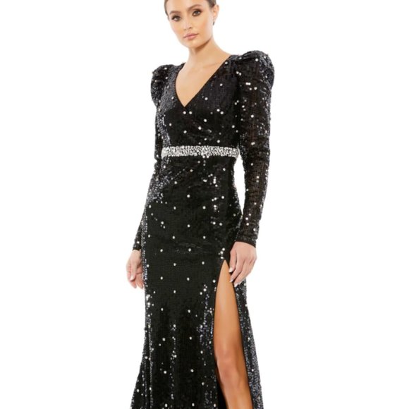 MAC DUGGAL 10736 SEQUINED FAUX WRAP PUFF SLEEVE TRUMPET BLACK GOWN sz 14 - Picture 1 of 8